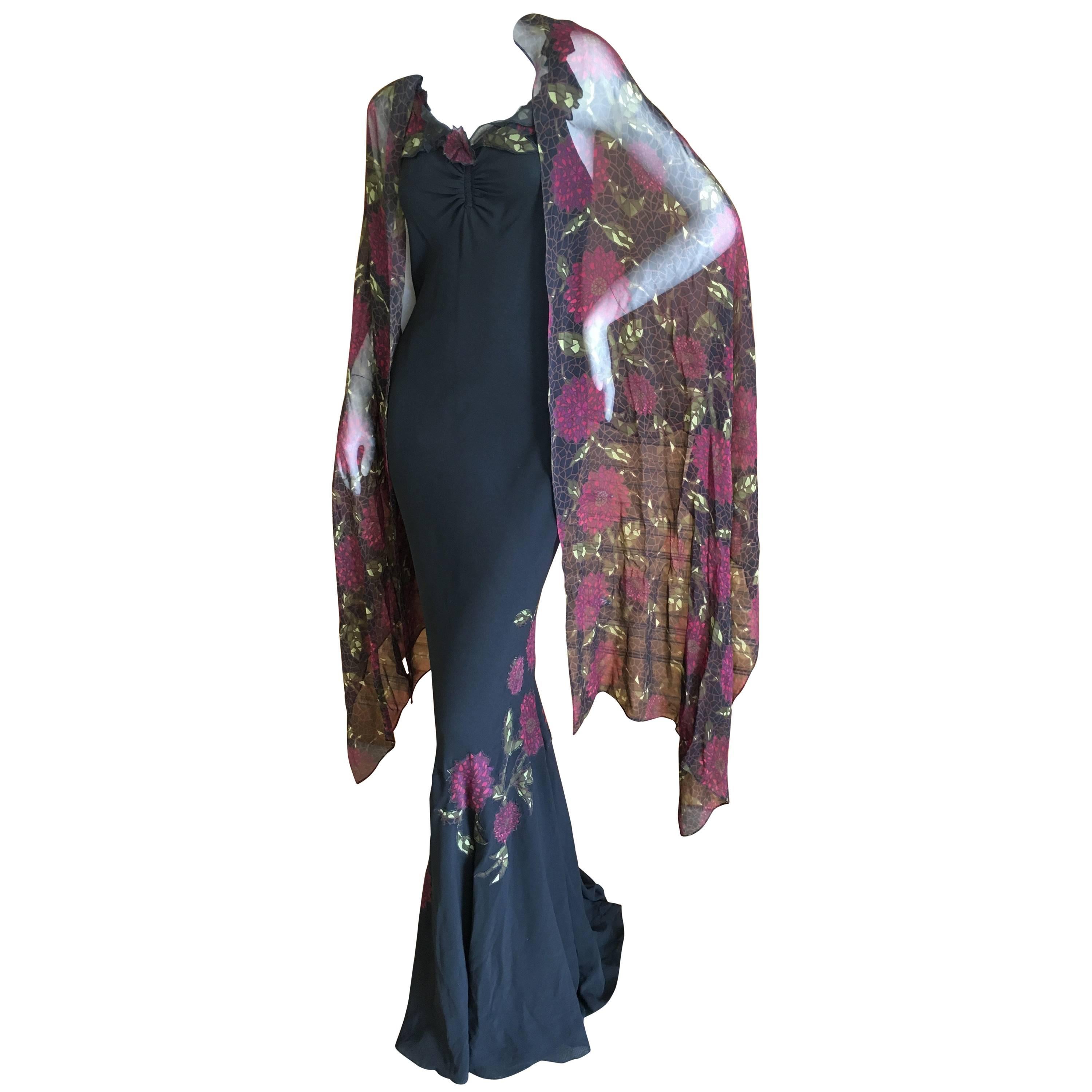 John Galliano 90s Long Black Bias Cut Floral Appliqué Evening Dress with`Shawl For Sale