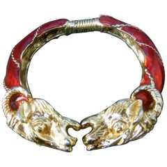 Vintage Donald Stannard Gilt Metal Crimson Enamel Ram's Head Bracelet circa 1970s 