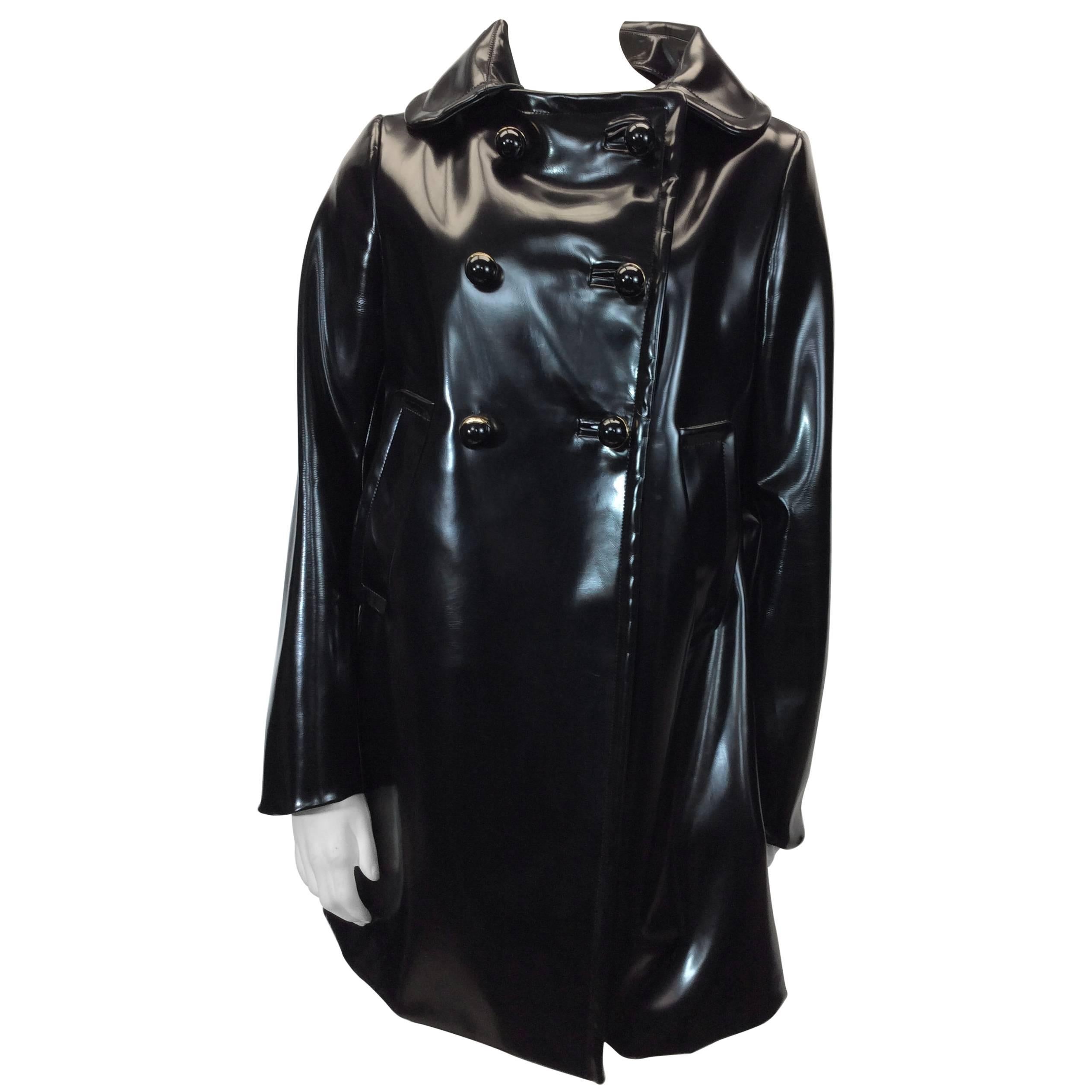 Prada Black Patent Rain Coat With Removable Wool Collar For Sale