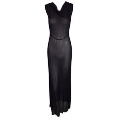 Vintage Fendi Sheer Slinky Knit 1920s Flapper Style Long Black Gown Dress, 1997 