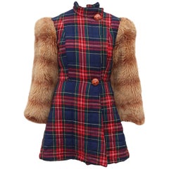 Betsey Johnson Alley Cat Wool Plaid Coat With Faux Fur Sleeves, 1970s
