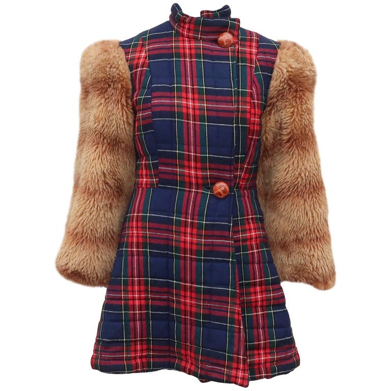 Betsey Johnson Alley Cat Wool Plaid Coat With Faux Fur Sleeves, 1970s at 1stDibs betsey
