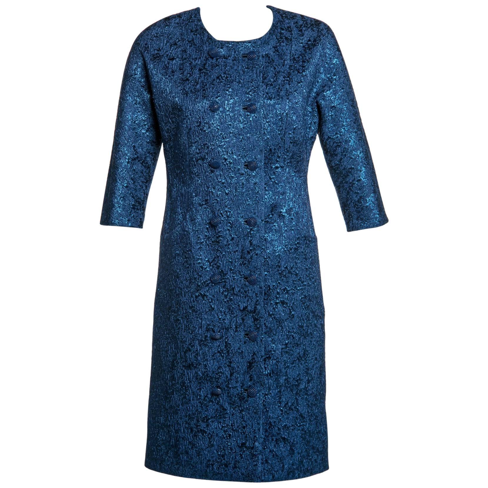 Balenciaga Edition Couture Sapphire Blue Matelassé Princess Seam Evening Coat For Sale