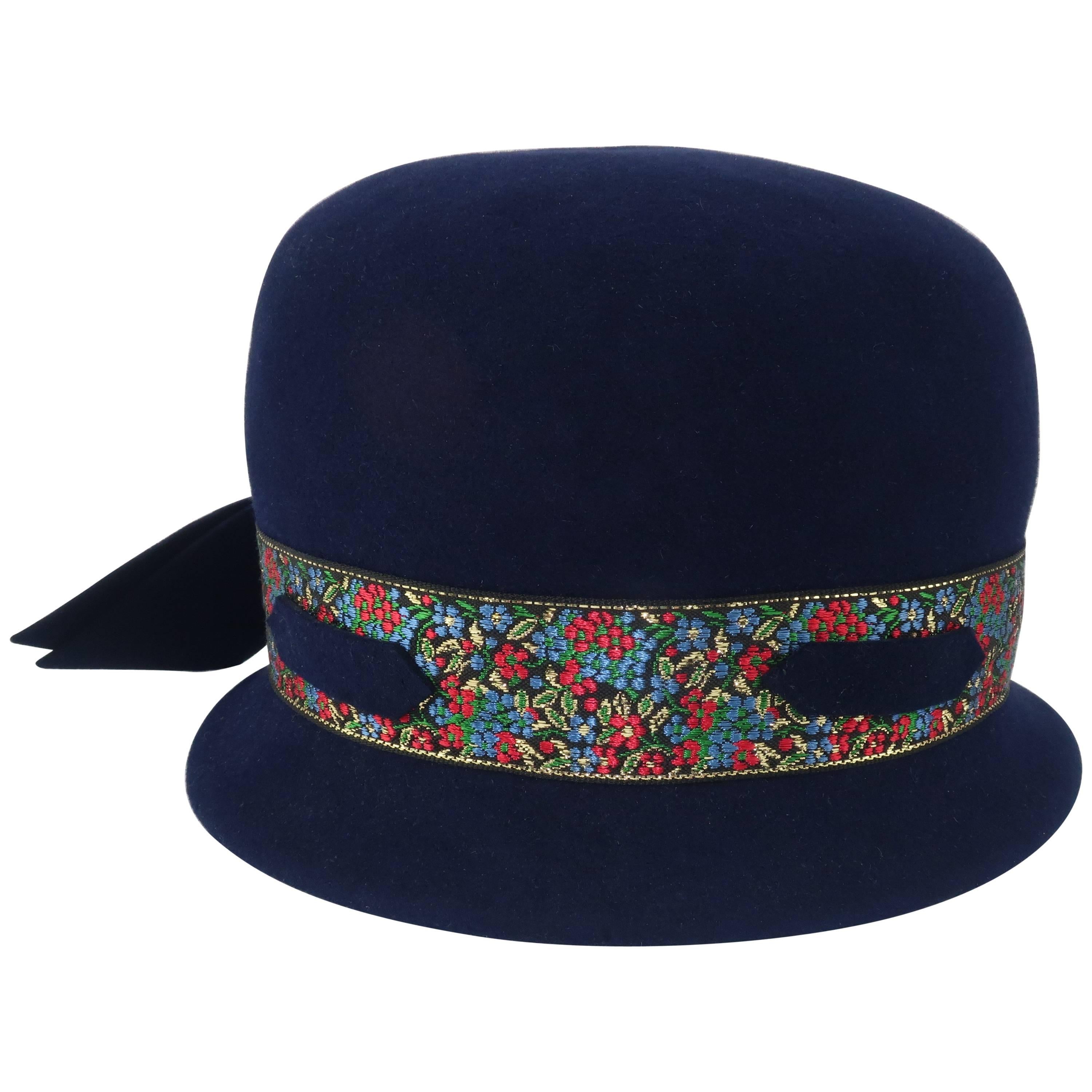 C.1960 Blue Wool Modified Bowler Hat With Brocade Trim