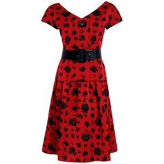 1957 Christian Dior Demi-Couture Red & Black Floral Print Silk Belted Dress Set