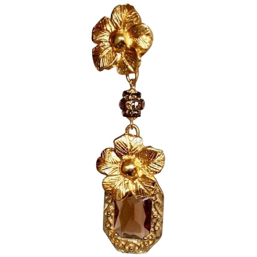 Francoise Montague Ranelagh drop clip earrings with honey colored glass stone on gilded bronze.  