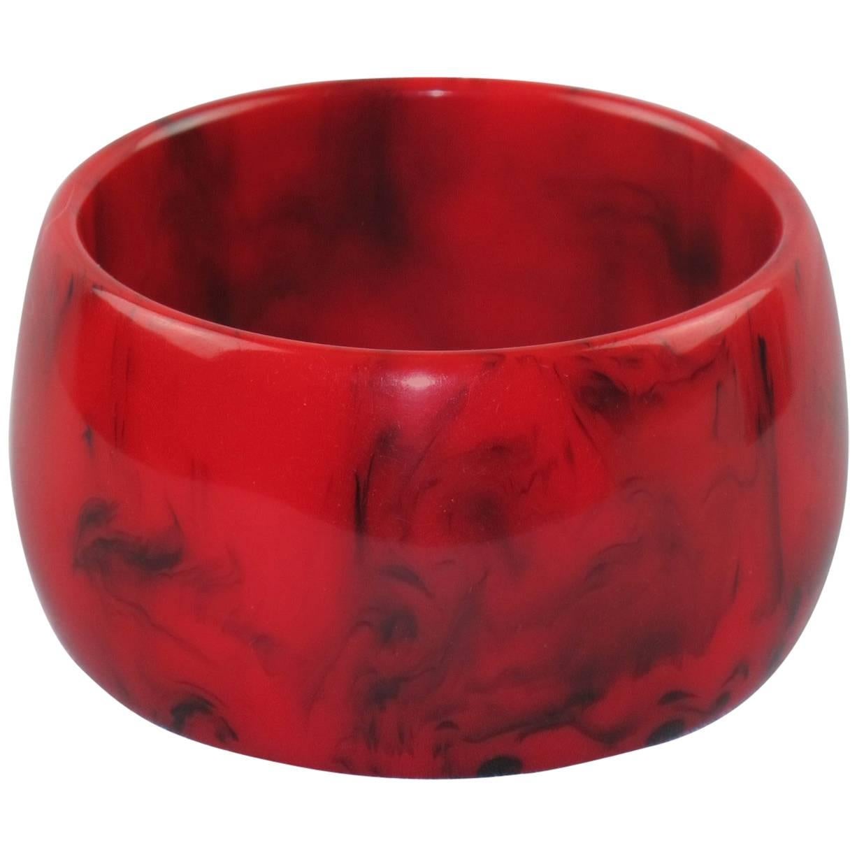 Bakelite Bracelet Bangle Red and Black Marble