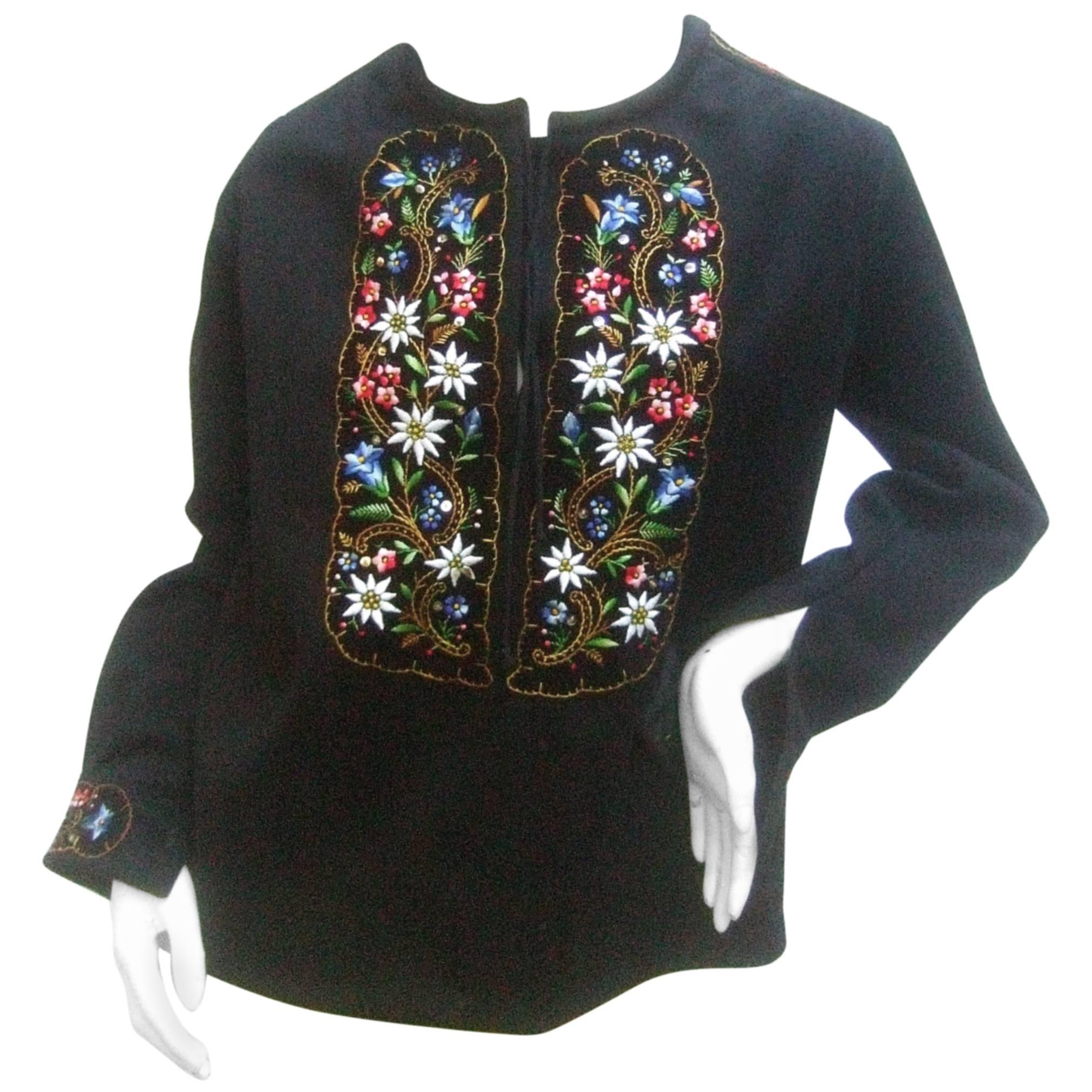Saks Fifth Avenue Embroidered Black Wool Tunic from Switzerland c 1970s 