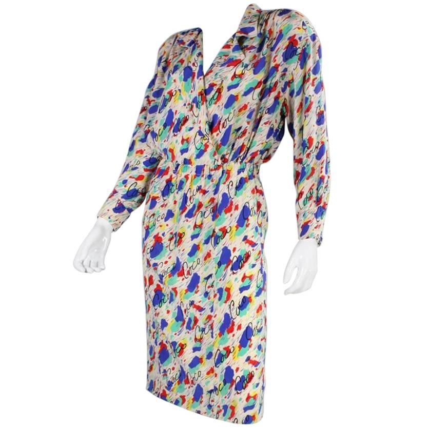 1980's Chanel Silk Dress with Painterly Coco Print For Sale