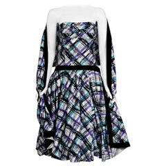1950s Plaid Print Cotton Strapless Shelf-Bust Bustle Full New Look Dress & Shawl