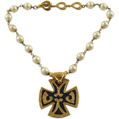Vintage Yves Saint Laurent Romantic Necklace Large Cross Pendant Pearl and Enamel