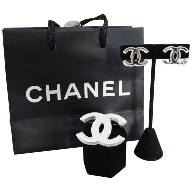 Chanel Glass Mirror CC logo Brooch and Clip Earrings Set at 1stDibs