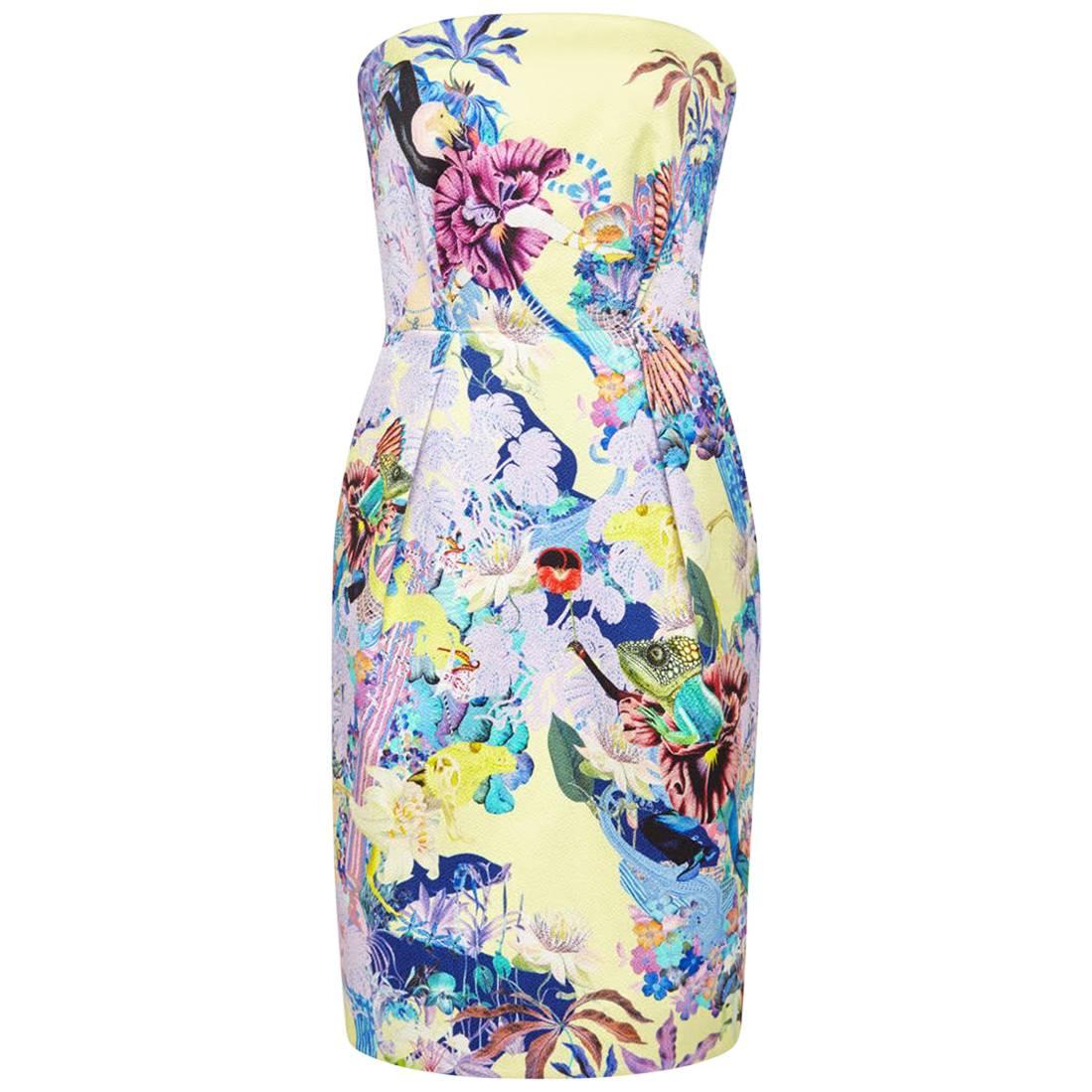 Mary Katrantzou Yellow Patterned Strapless "Olympia" Cocktail Dress For Sale