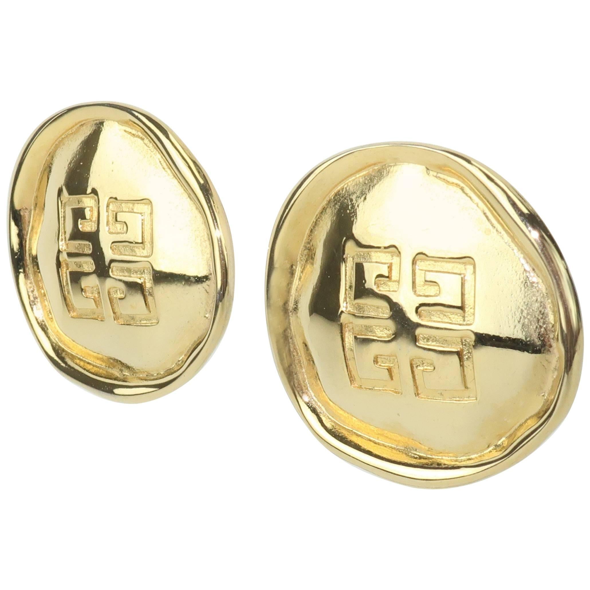 1980's Givenchy Gold Tone Button Logo Earrings