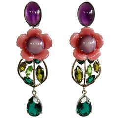Philippe Ferrandis Pink, Purple, and Green Flower Clip Earrings