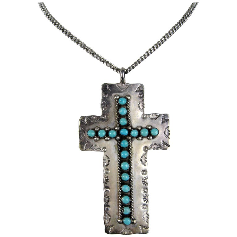 Native American Zuni Sterling Silver Turquoise Cross Pendant Necklace
