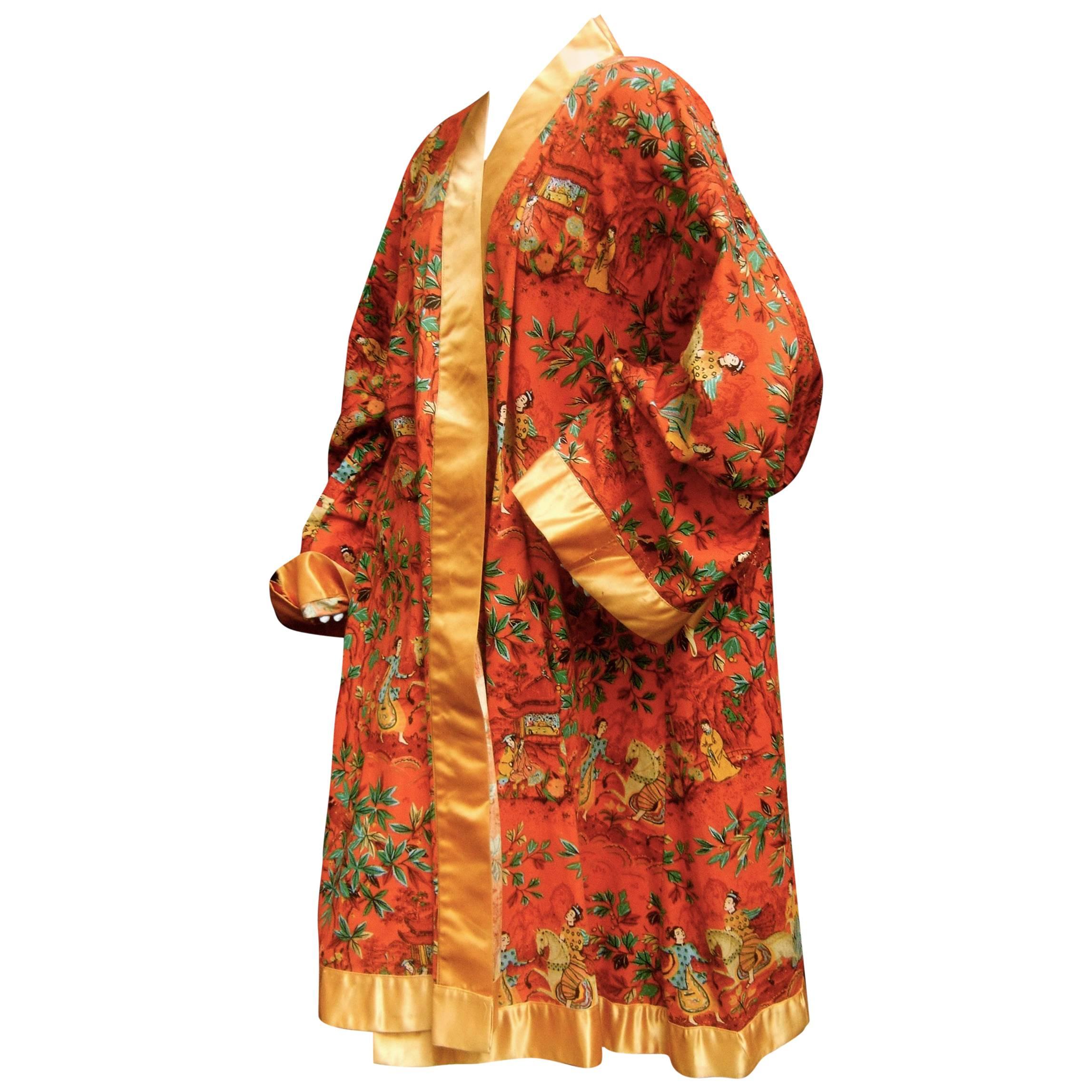 Asian Theme Cotton Illustrated Duster Robe Coat c 1970s