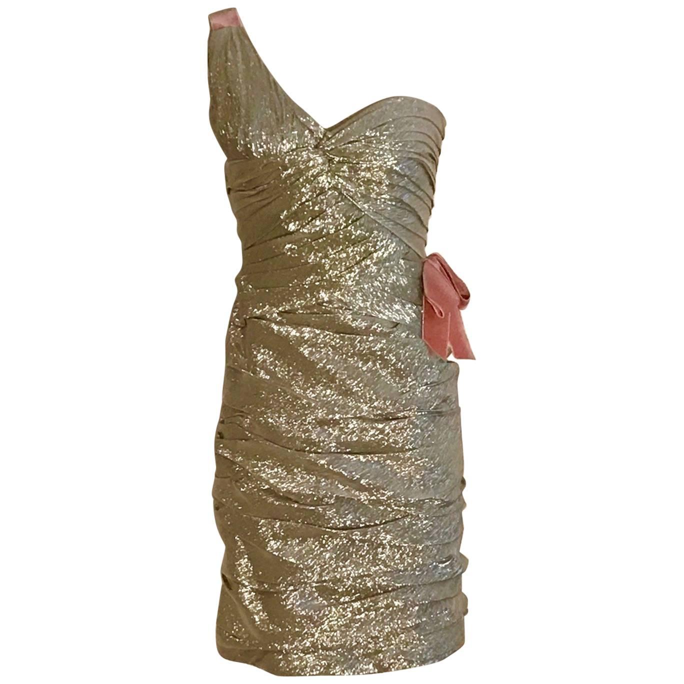 Oscar de la Renta Light Gold One Shoulder Cocktail Dress with Pink Velvet Bow