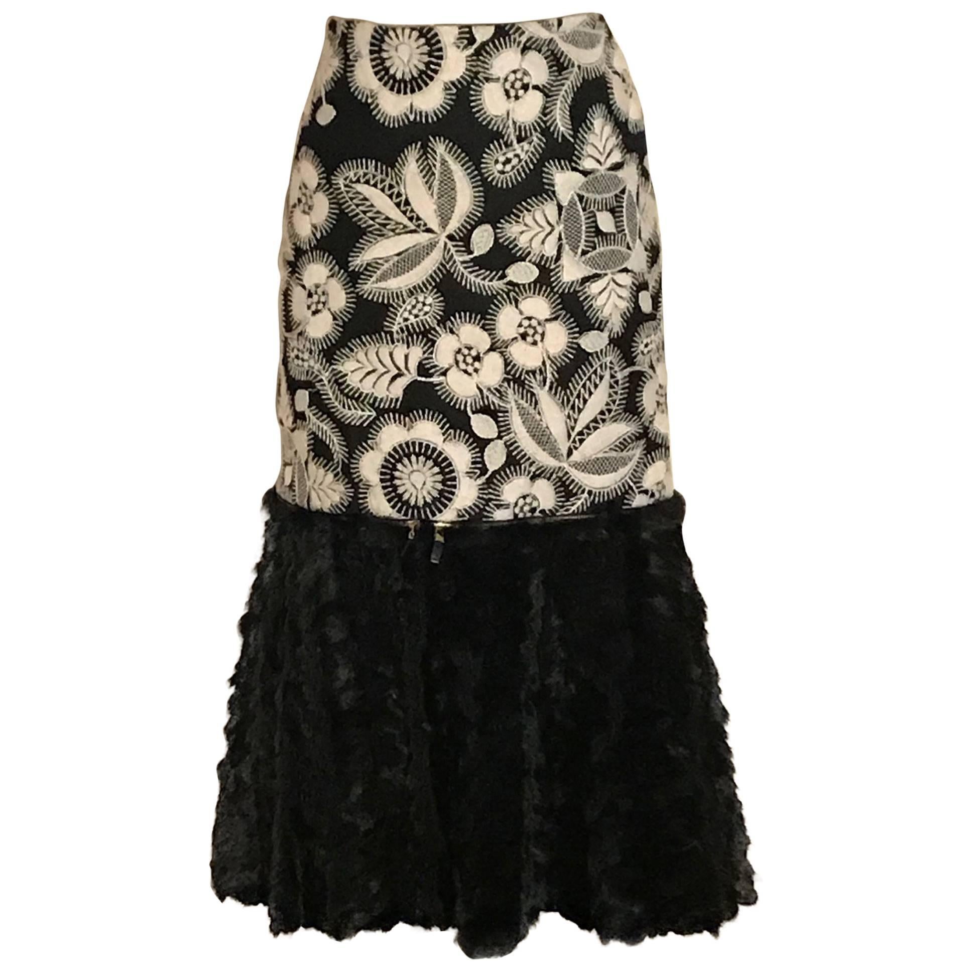 Alexander McQueen Fur Trimmed Floral Embroidered Wool Midi Pencil Skirt, 2003 