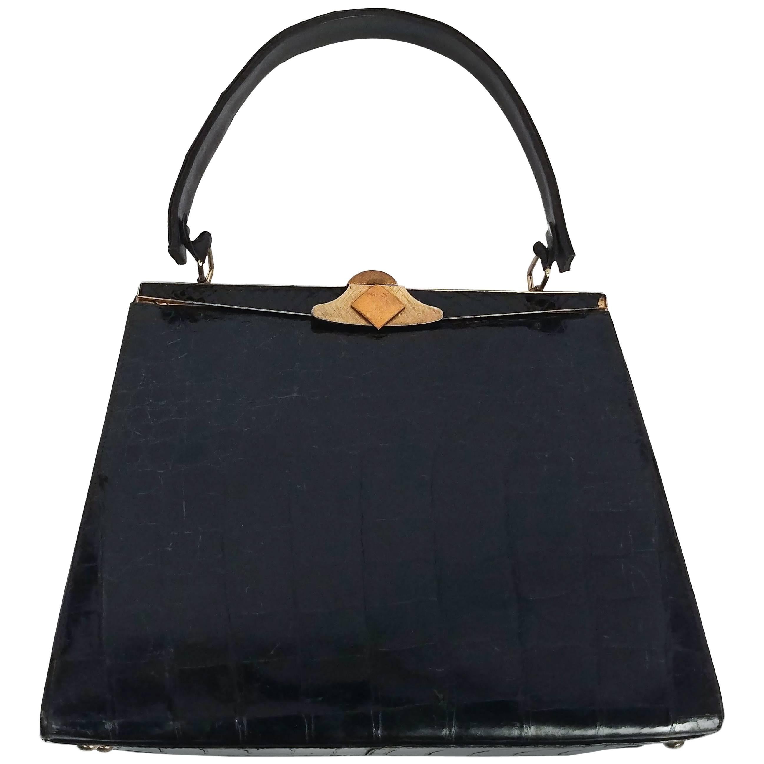 1960s Black Alligator Handbag For Sale