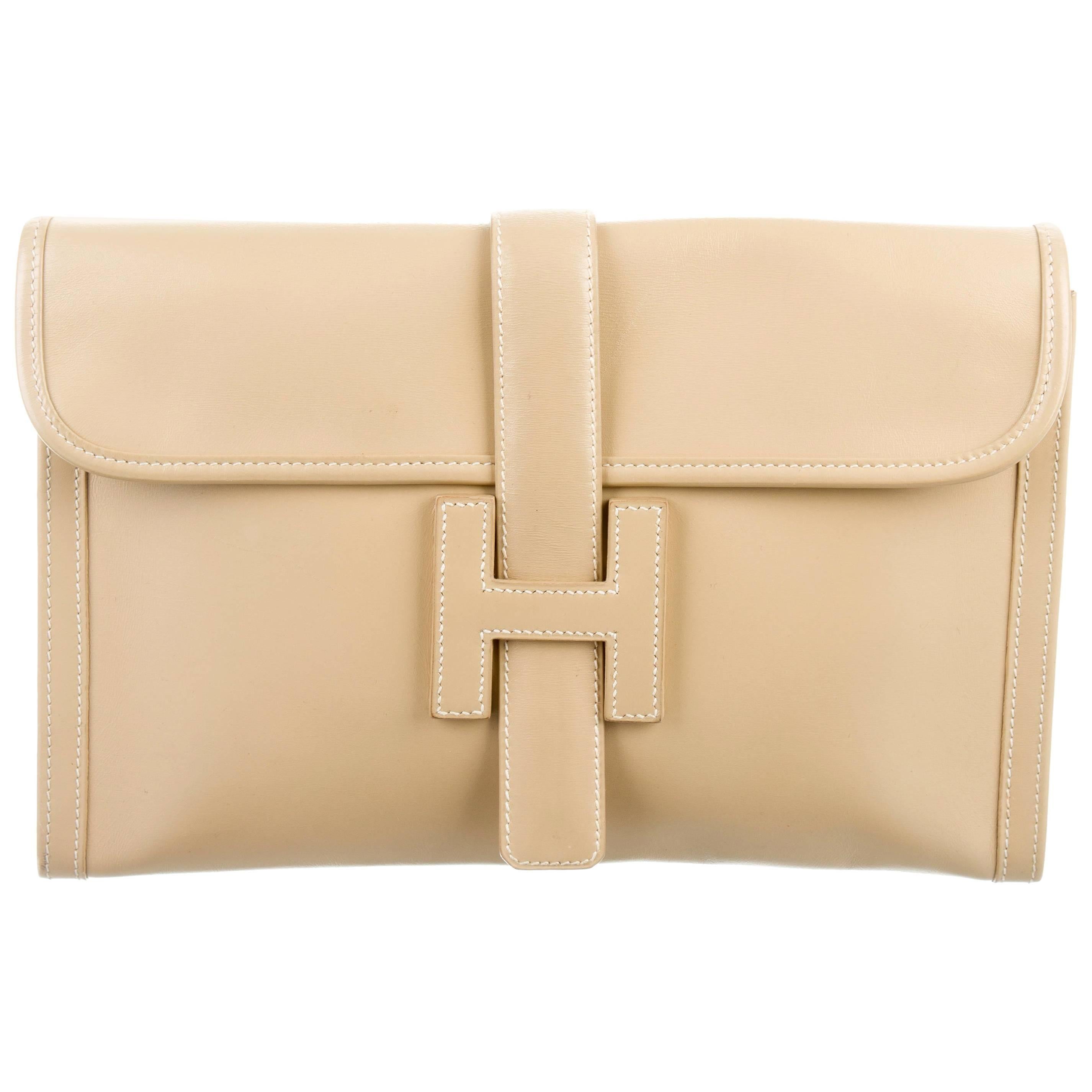 Hermes Leather Ivory Nude Leather H Logo Large Envelope Evening Clutch Flap Bag