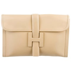 Vintage Hermes Leather Ivory Nude Leather H Logo Large Envelope Evening Clutch Flap Bag