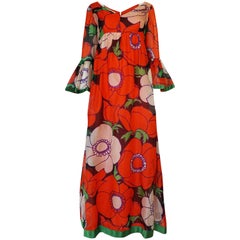 1970s Mollie Parnis Huge Floral Print Silk Organza Dress