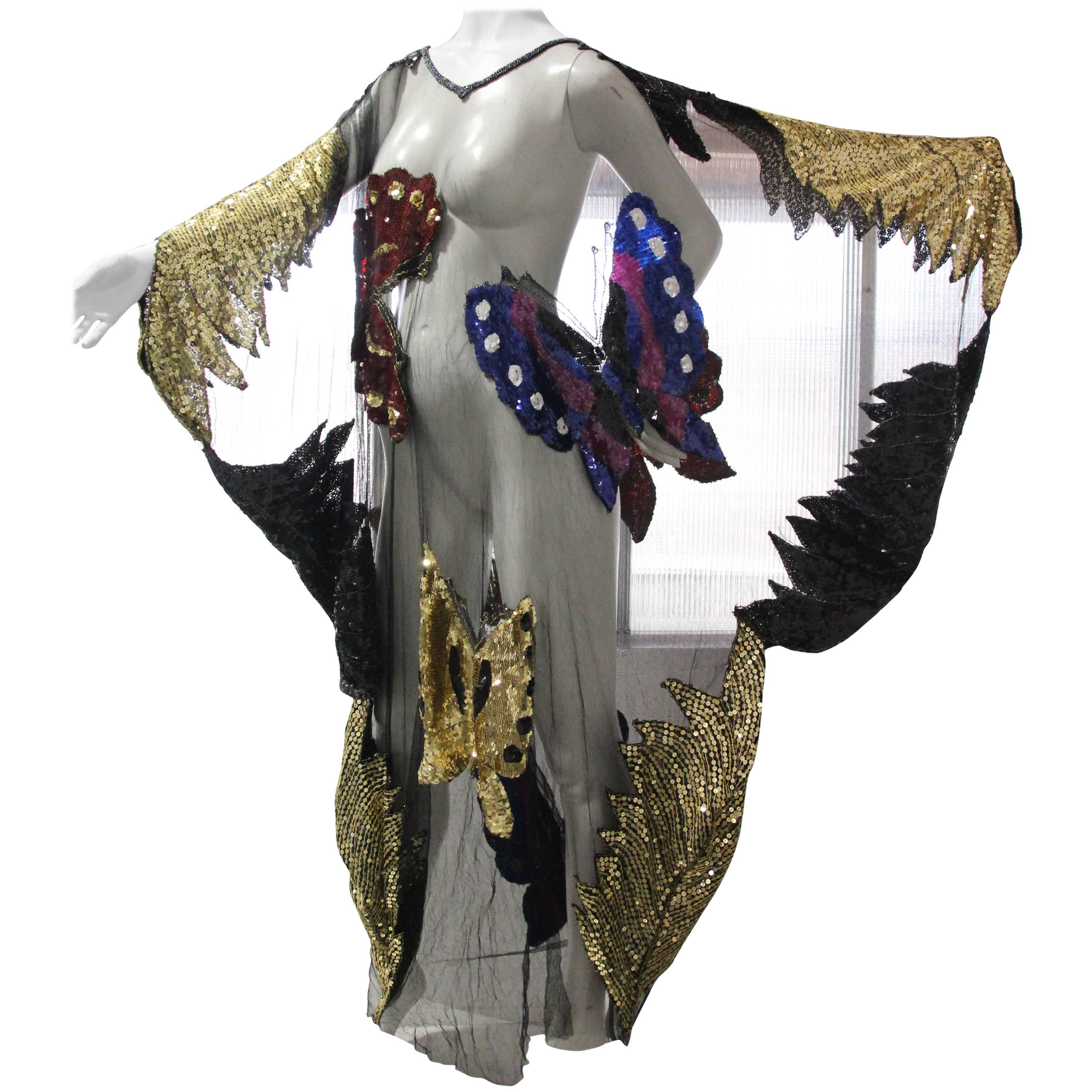 Custom-Made Sequin Butterfly Peek-A-Boo Caftan with 1970s Applique on Tulle 