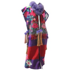 Custom-Made Colorful Folkloric Vestment of Vintage Mexican Textiles and Fox Fur