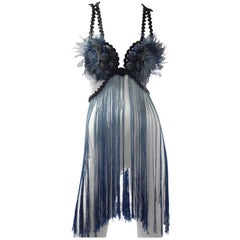 Burlesque Style Beaded Feathered Blue Bralette with Long Ombre Fringe and Beads