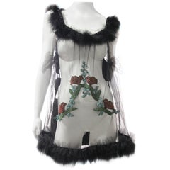 Side-Tie Tulle Teddy with 1920s Beaded Bird Applique and Black Swan's-Down Trim