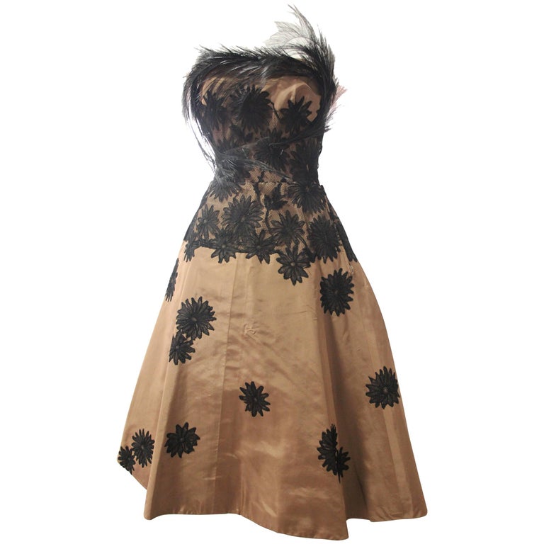 1950s Bergdorf Goodman Cocoa Silk Cocktail Dress w Lace Applique 