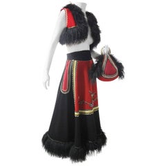 Vintage 3-Piece Wool Felt Peasant-Inspired Ensemble w Mongolian Fur Trim 