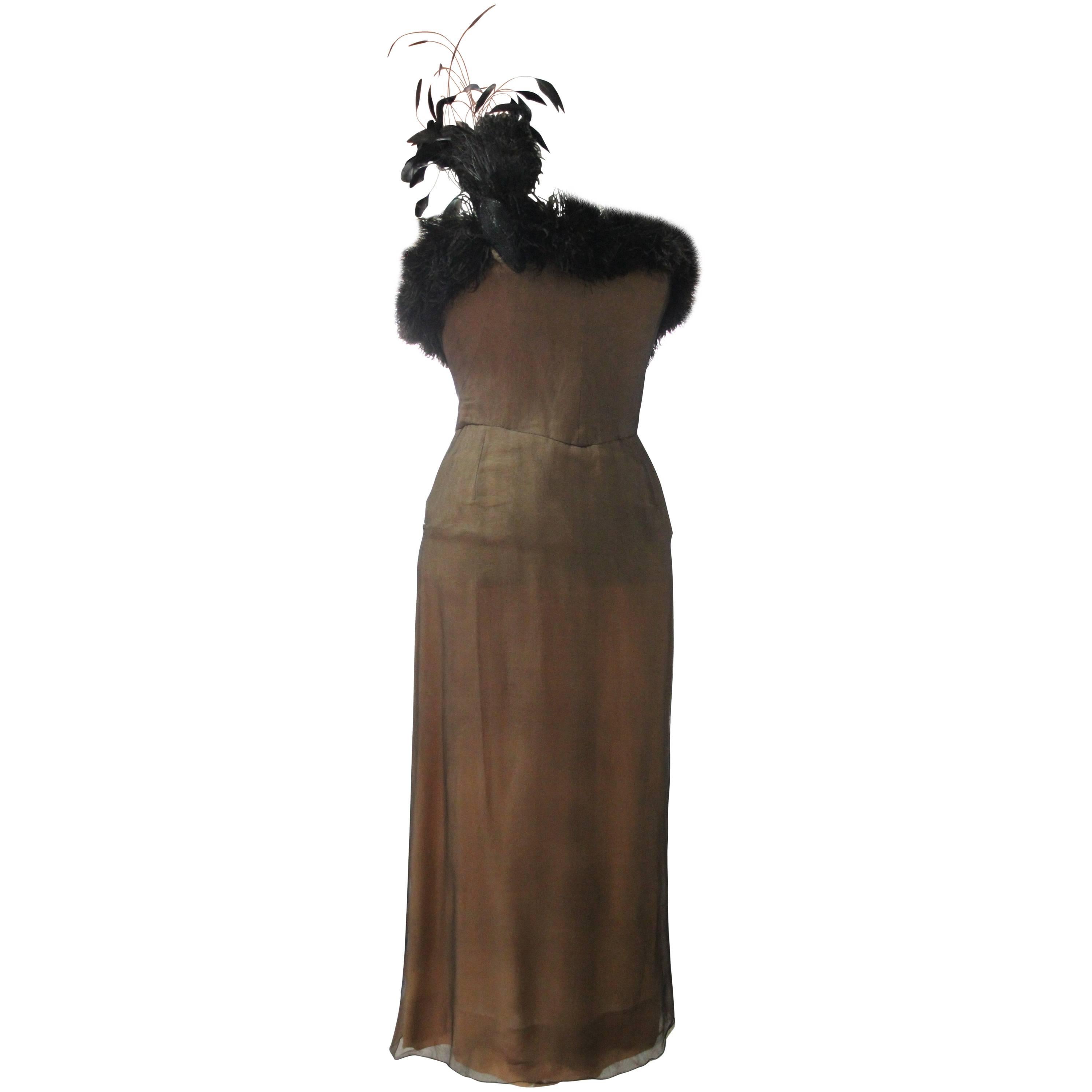 1950s Nude on Black Chiffon Strapless Cocktail Dress w Feather Flourish  For Sale