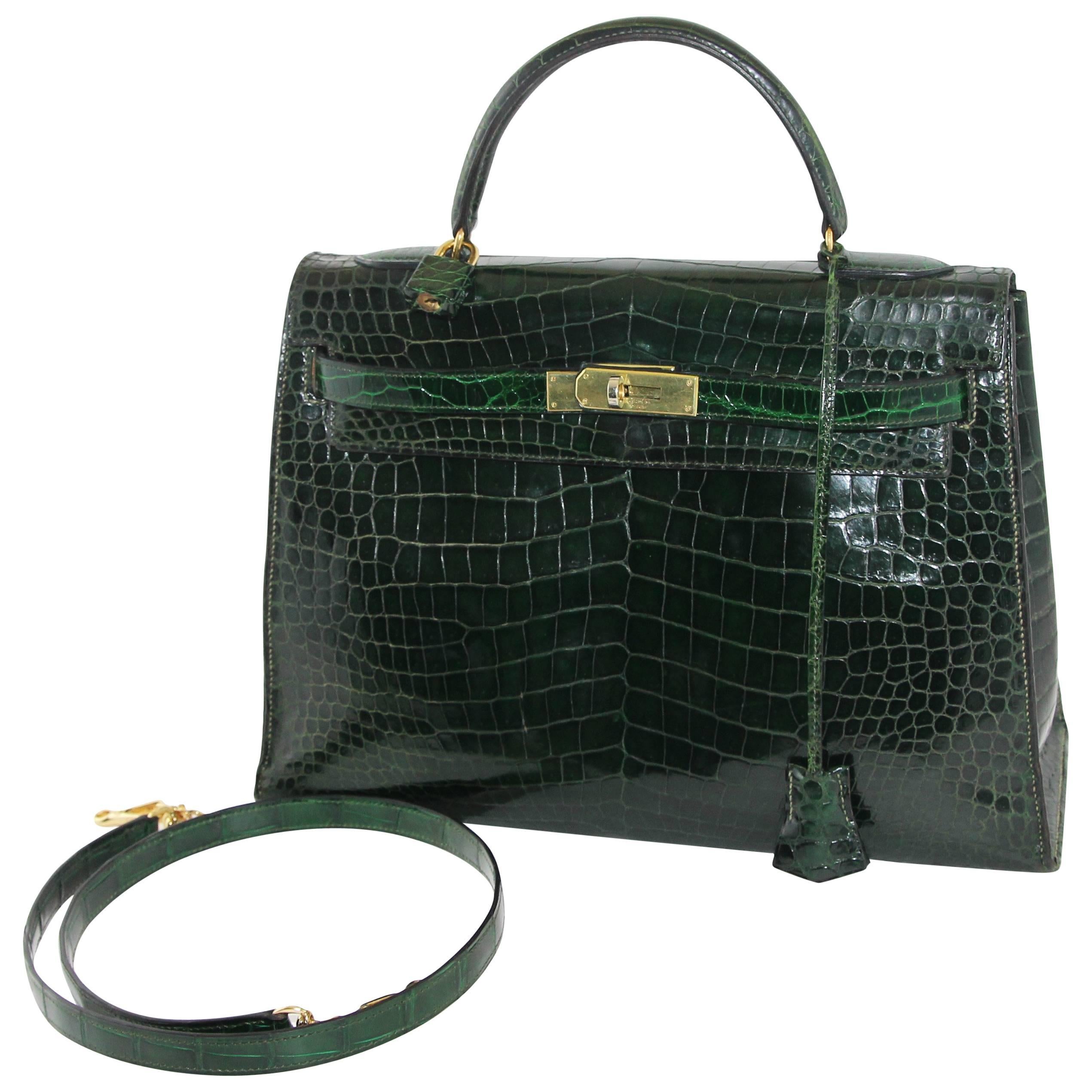 Hermes Vintage Green Croco Kelly Handbag,  1960s