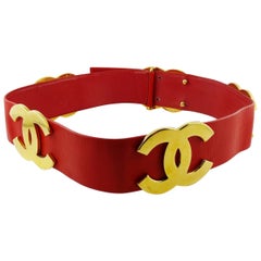 Chanel Vintage Iconic Red Leather Wide Belt with Large CC Logos Size 1994 80/32