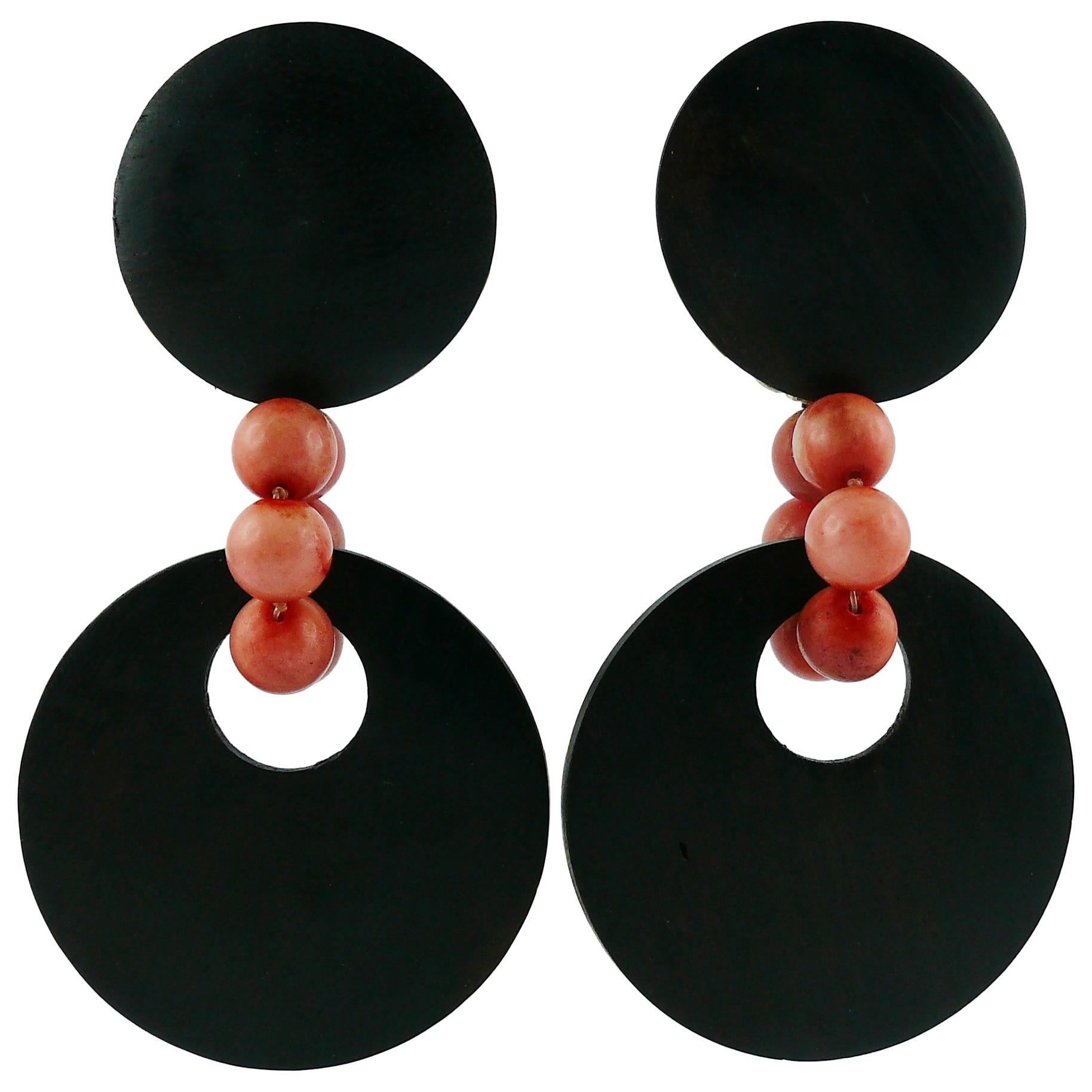 Yves Saint Laurent YSL Vintage African Inspired Wood Dangling Earrings