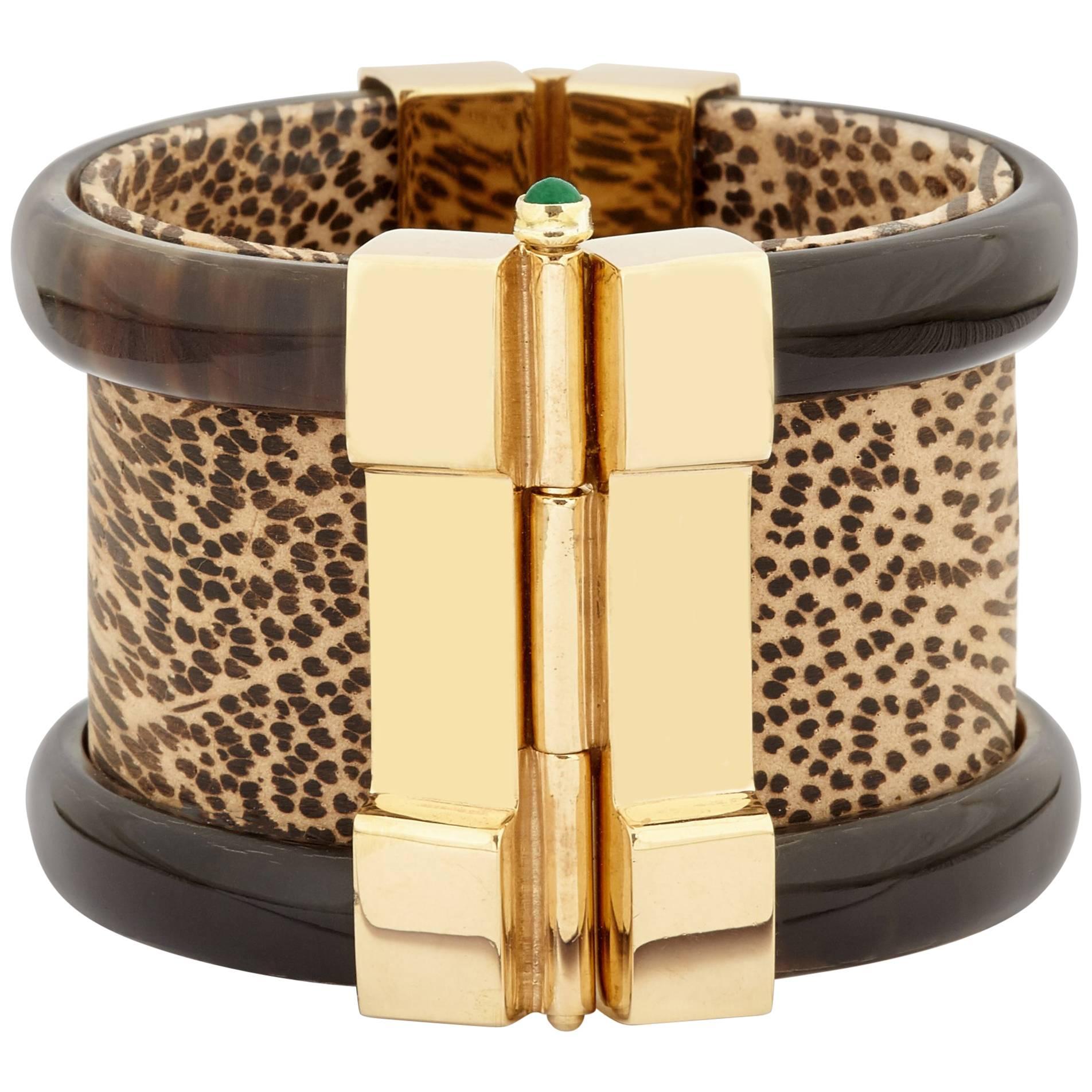Fouche Cuff Bracelet Gold Bespoke Horn Gold Emerald Ruby Leopard Wood  For Sale