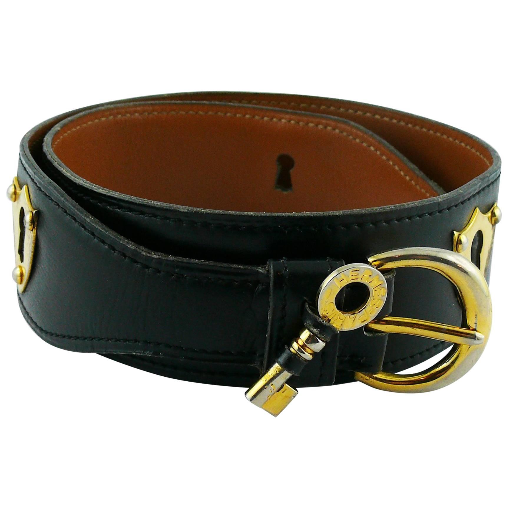 Hermes Vintage "Key Escutcheons" Black Leather Belt, 1972  For Sale