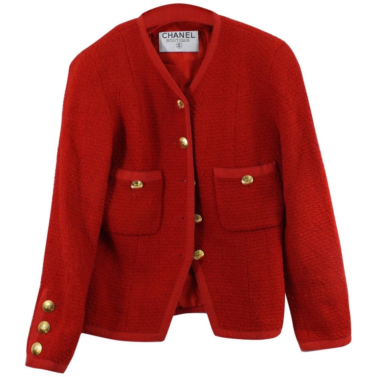 Vintage Short Chanel Jacket in Red Tweed with Golden Buttons. Size 38 F at  1stDibs