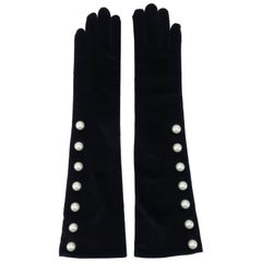 Vintage 1980's Black Stretch Velvet Gloves With Pearl Decoration