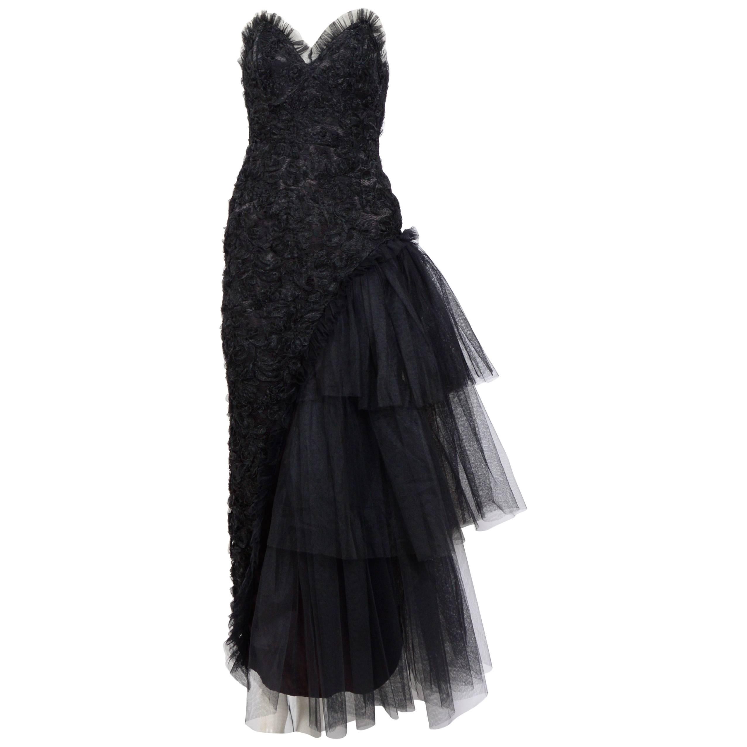 Yvan & Marzia 1980s Black Lace and Tulle Partydress