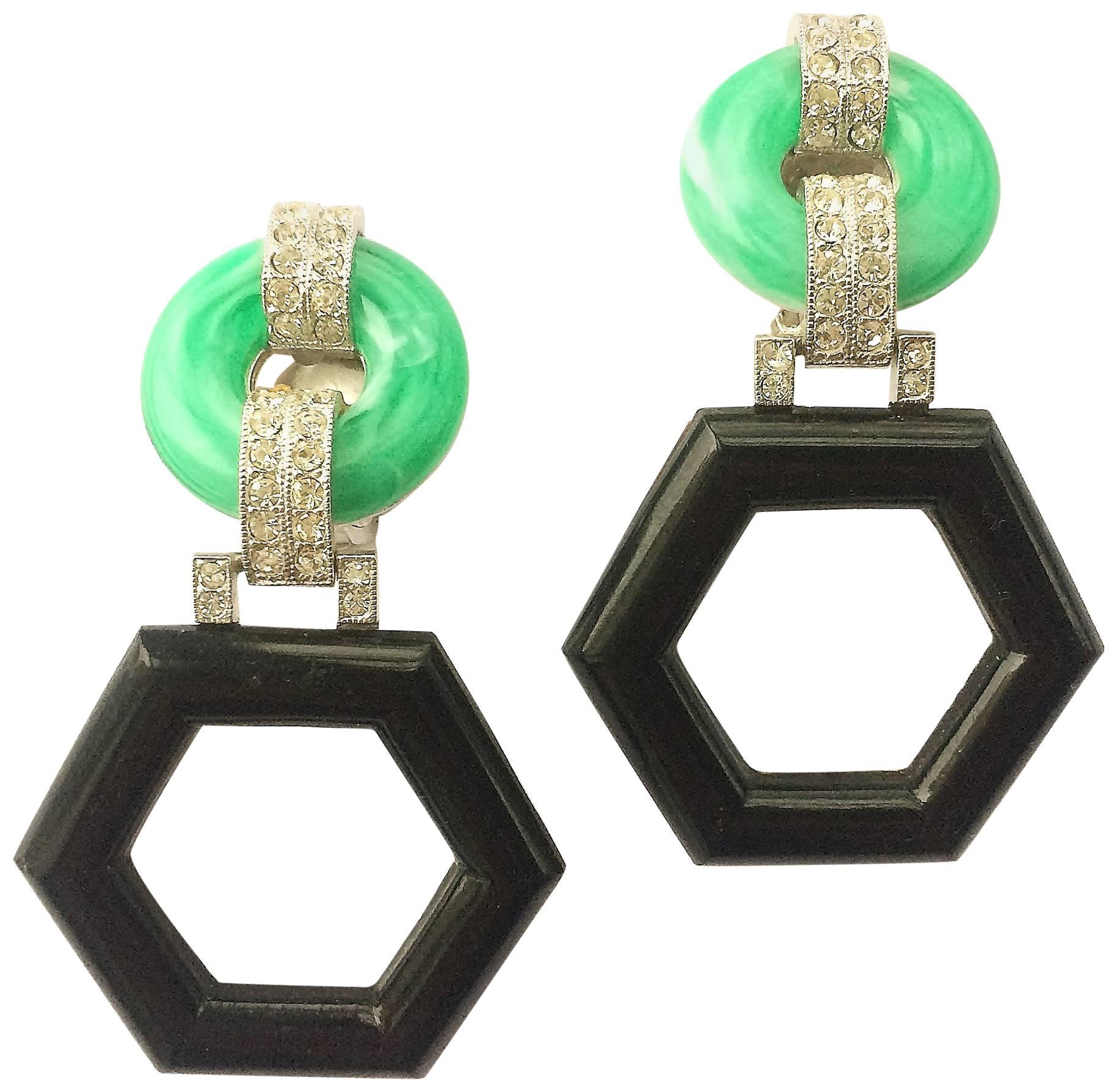 Art Deco style geometric drop earrings, Kenneth Jay Lane, USA, 1970s For Sale