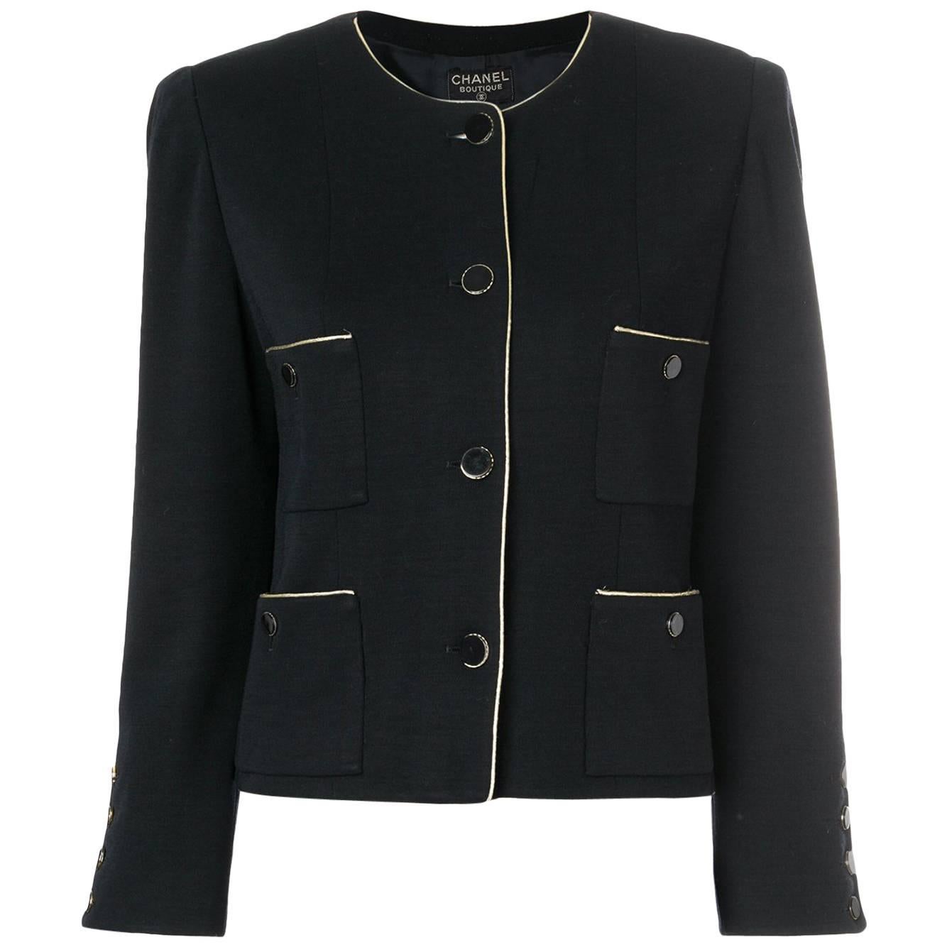 Chanel Black Collarless Boxy Jacket at 1stDibs | chanel collarless jacket