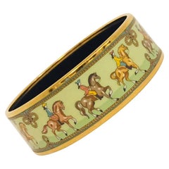 Highly Desirable Hermes Horsemen Gold Tone & Green Enamel Bangle Bracelet