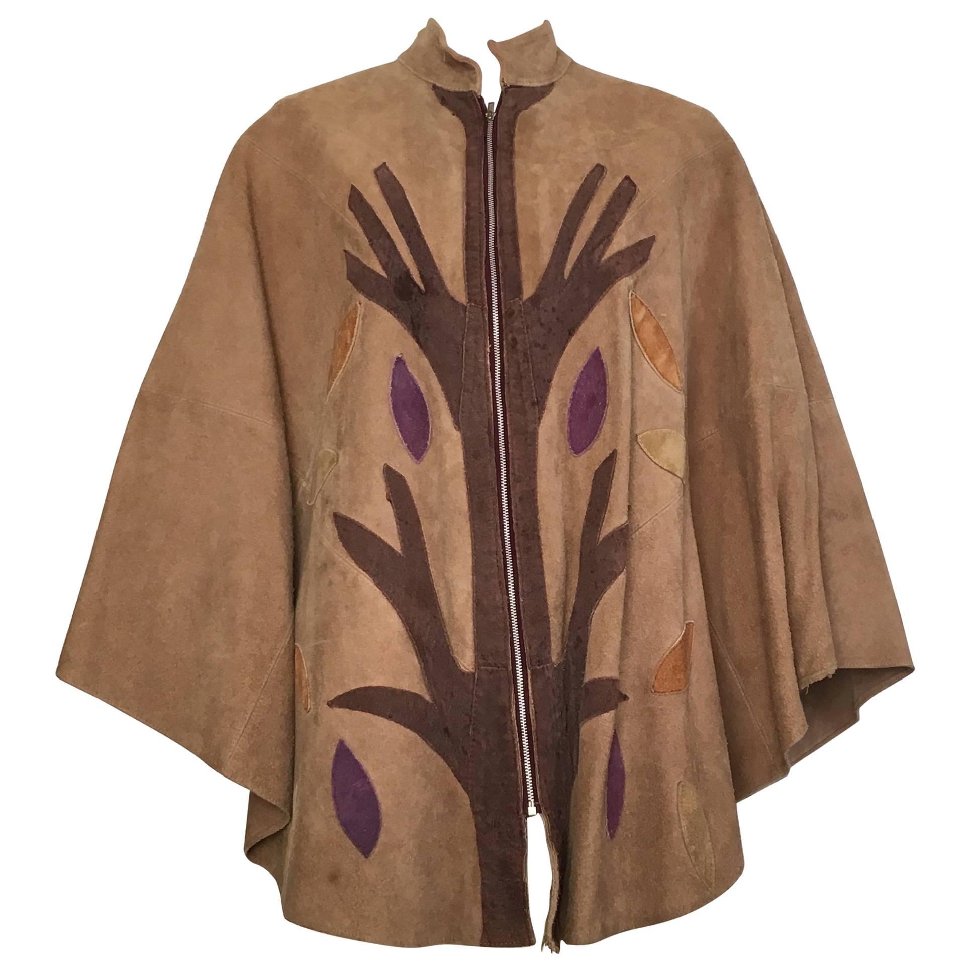 Queen of Capes Tan Suede Zipper 'Tree of Life' Cape. For Sale