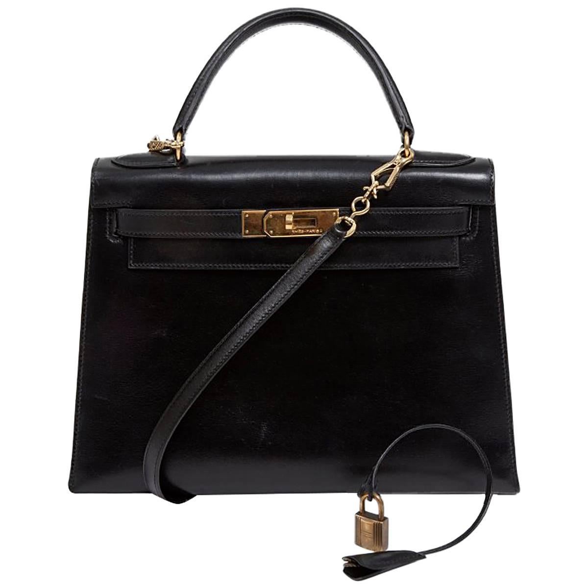 1988 Hermes Black Kelly Sellier 28 cm Box Calfskin Handbag 