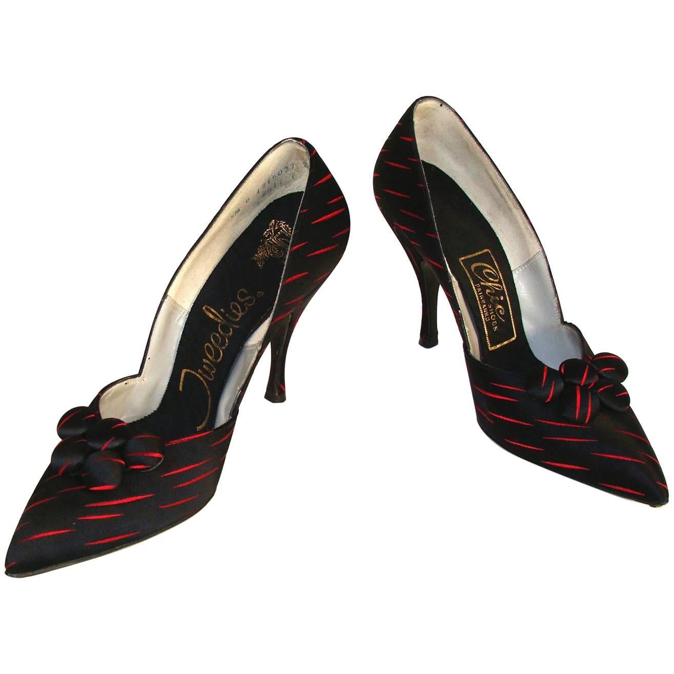 Brilliant Red and Black Silk Heels Holiday For Sale