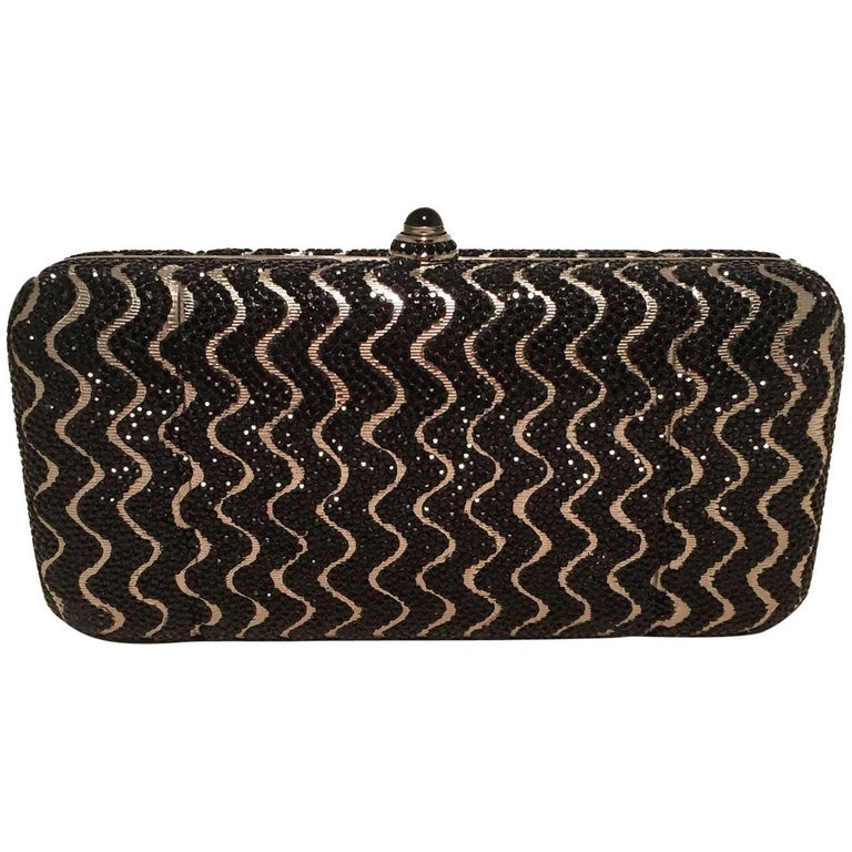 Judith Leiber Black and Silver Swarovski Crystal Minaudiere Evening Bag Clutch For Sale