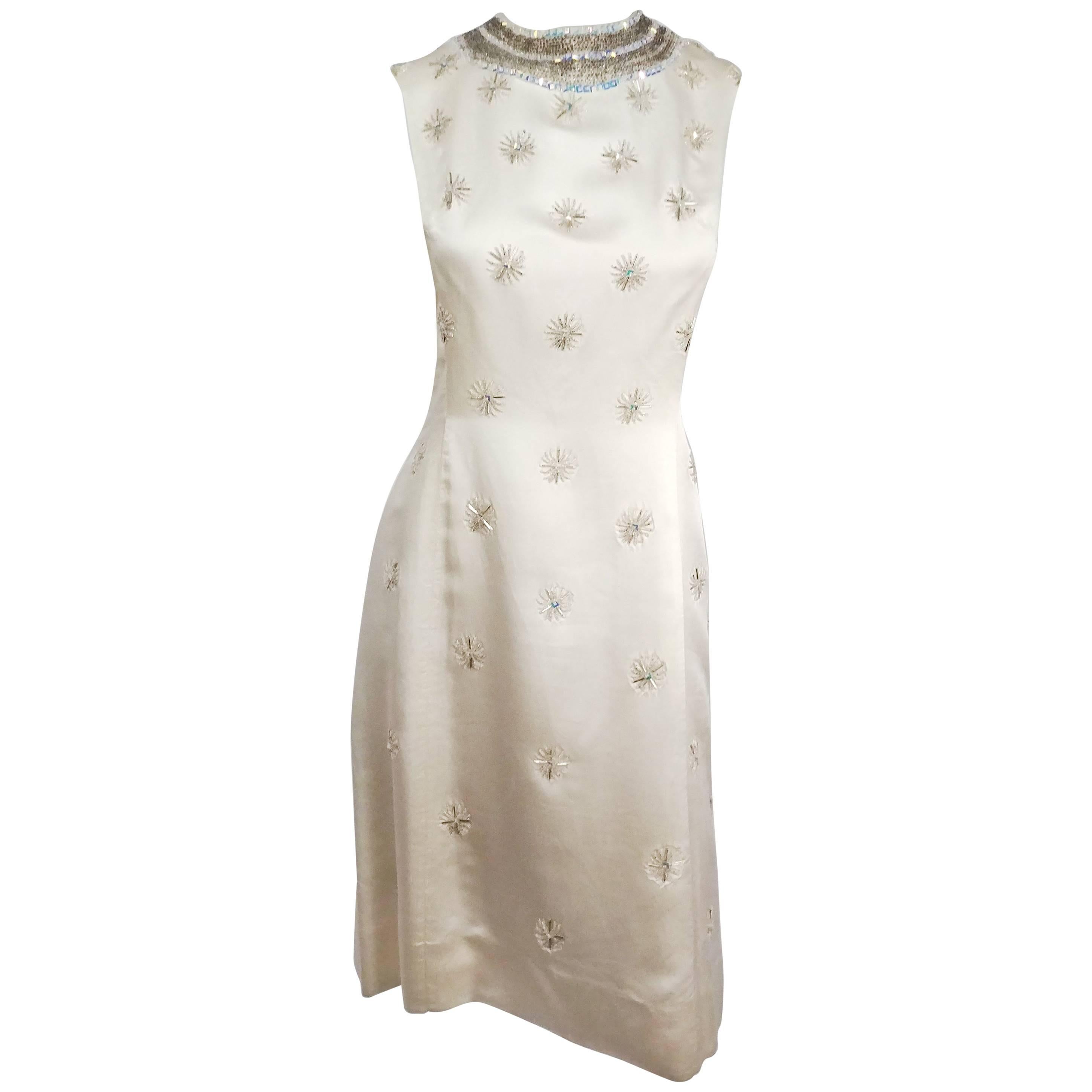 1960s Ivory Silk Beaded Cocktail Dress